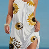 Sunflower Print Summer Cami Dress - Effortless Loose Fit for Vacation - Feminine Sleeveless Style - Womens Vacation Wear