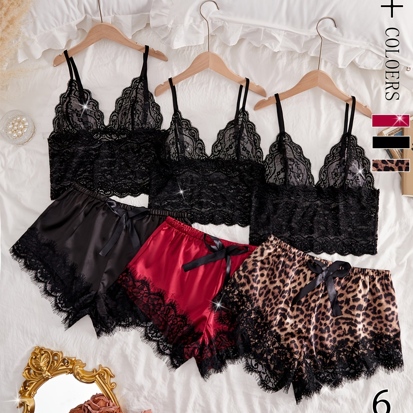 6pcs Women's Lace Pajama Set, Polyamide and Elastane Blend, Sexy Solid Color Sleepwear with Bow Detail, Mid-Rise Shorts, No Padding, Woven Fabric, Medium Support - Adult Nightwear, Pajama Set for Couples, Valentine's Day, Per