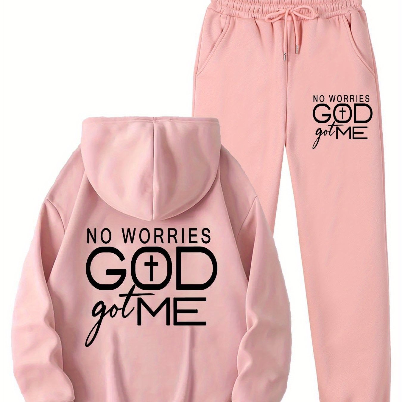 No Worries GOD Got Me Printed Women's Casual Sports Set, Sports Kangaroo Pocket Hoodie Set, Women's 2pcs Warm Set