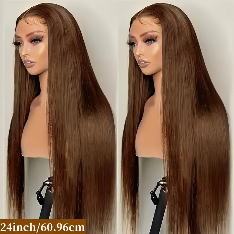 250% Density Silk Straight Wigs 100% Brazilian Human Hair 13*6 HD Transparent Lace Deep Parting Pre Plucked Natural Hairline Chocolate Brown Straight Human Hair #4 Color Wig Suitable For All Women