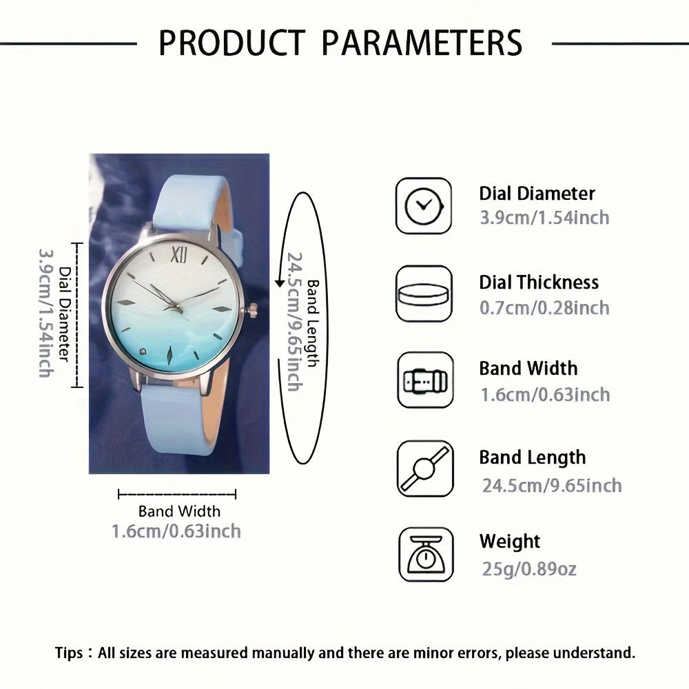 6pcs Set Fashion Women Simple Wrist Watches Blue Rhinestone Quartz Watch PU Leather Strap Ladies Dress Bracelet Watch Set Gifts