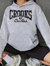 Women's Casual Sports Hoodie with Kangaroo Pocket, 100% Polyester Knit Fabric, Light Gray Heathered Texture, Bold "CROOKS & CASTLES" Letter Print, Relaxed Fit Pullover Sweatshirt for All Seasons
