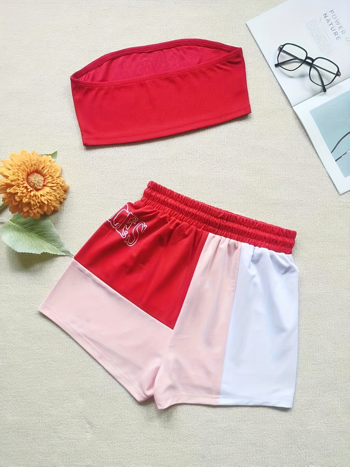 Women'S Stylish Casual Printed Color-Blocked Shorts And Strapless Two-Piece Set