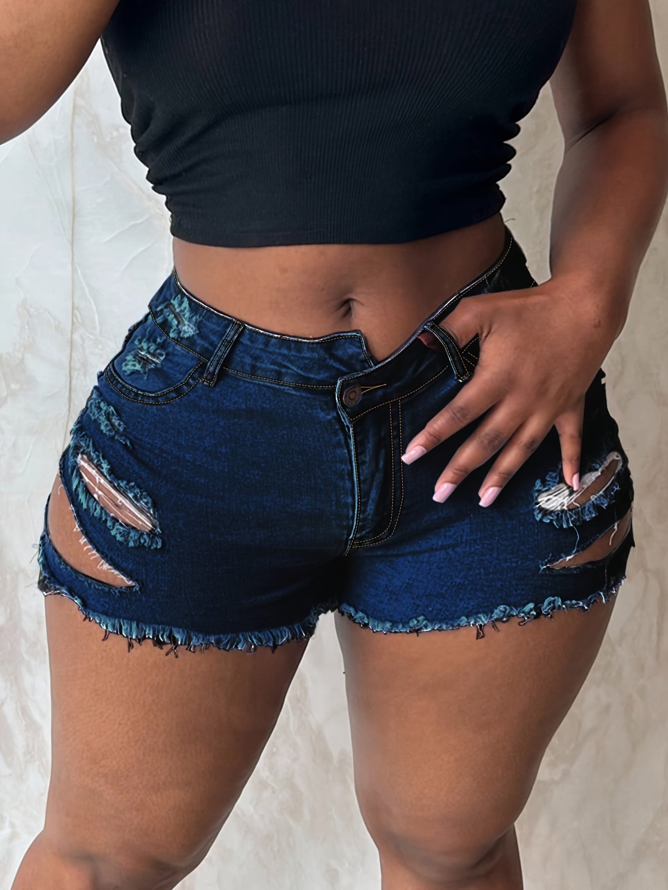 Women's Mid-Rise Ripped Denim Shorts with Frayed Hem, Distressed Detailing & Built-in Zipper Pockets - Casual Summer Straight Leg Jean Shorts in Blue, Summer Casual Wear | Trendy Ripped Shorts | Durable Denim