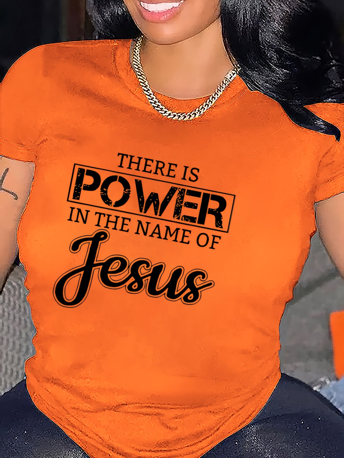 Women's Inspirational Jesus Power Quote T-Shirt - Casual Crew Neck, Short Sleeve, Beige Polyester Tee with Artistic Letter Print, Machine Washable, Casual Wear|Graphic Tee|Polyester Fabric