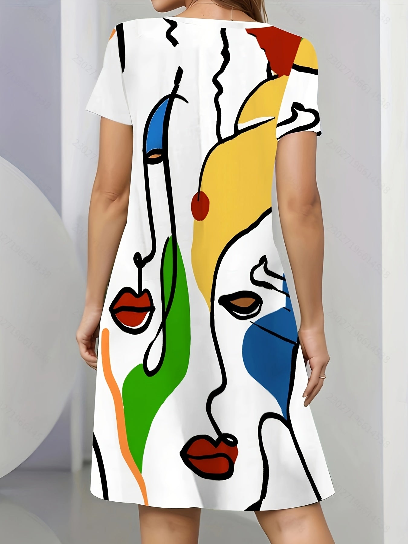 Women'S Casual Summer Dress with Vibrant Abstract Face Print - Short Sleeve, Loose Fit, All-Season, T-Shirt Style, Allseason Dress | Vibrant Print Dress | Comfortable Fit, Plus Size Dress