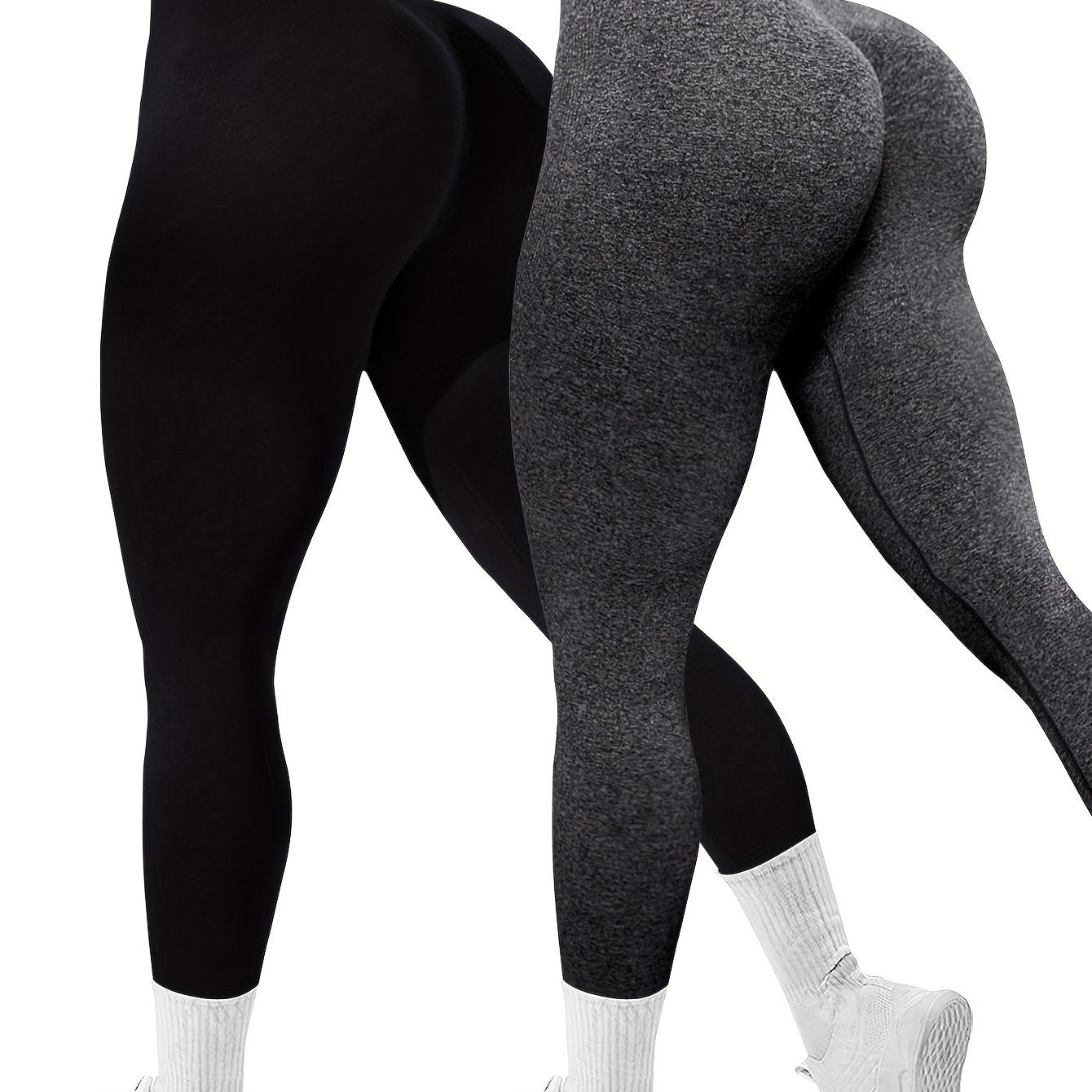 Women's Seamless High Waist Sports Leggings, 2 Pack Knit High Stretch Letter Print Yoga Leggings