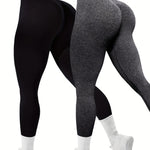 Women's Seamless High Waist Sports Leggings, 2 Pack Knit High Stretch Letter Print Yoga Leggings