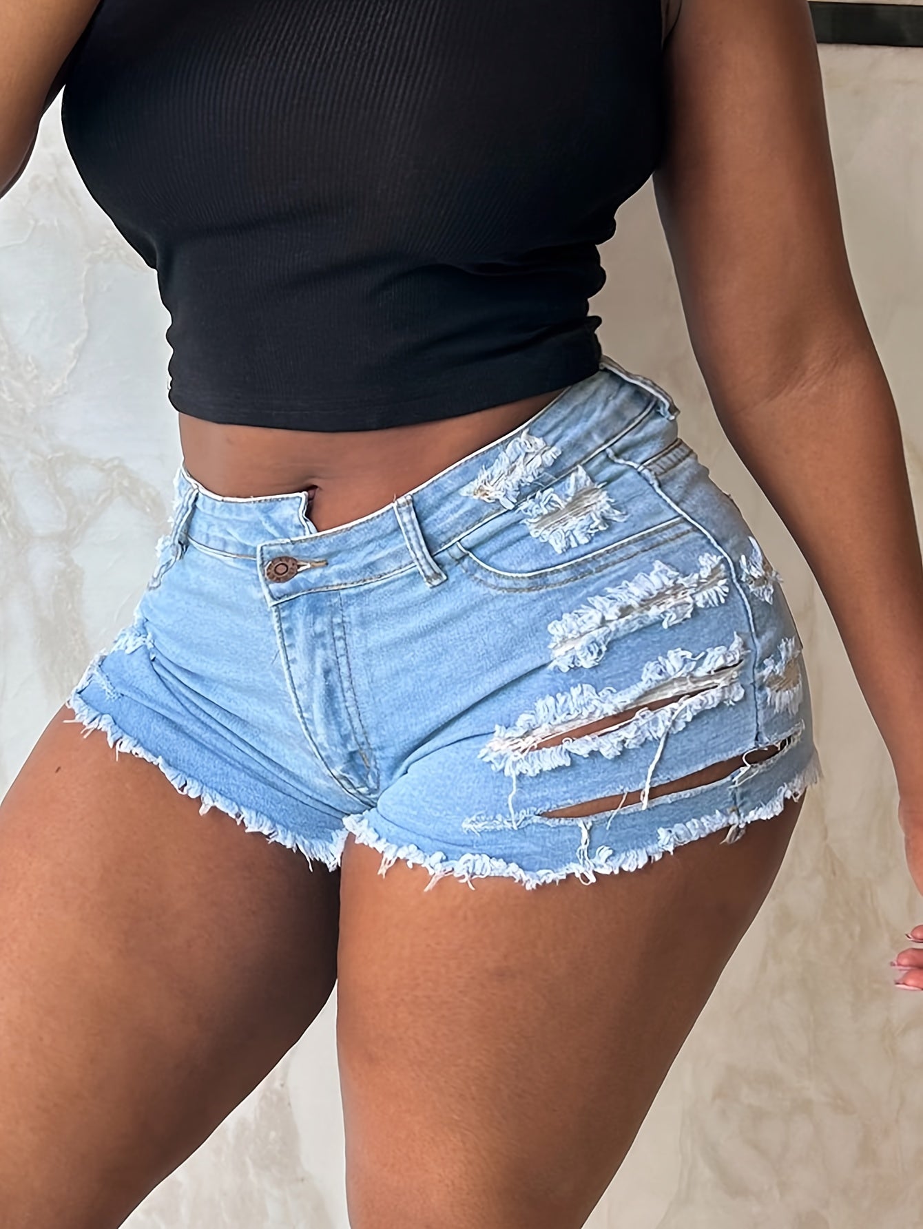 Ripped Raw Hem Denim Shorts - Distressed Washed Blue Denim Shorts - For Women - Casual & Trendy Style - Perfect for Summer & Everyday Wear - Gift Idea for Fashionable Ladies