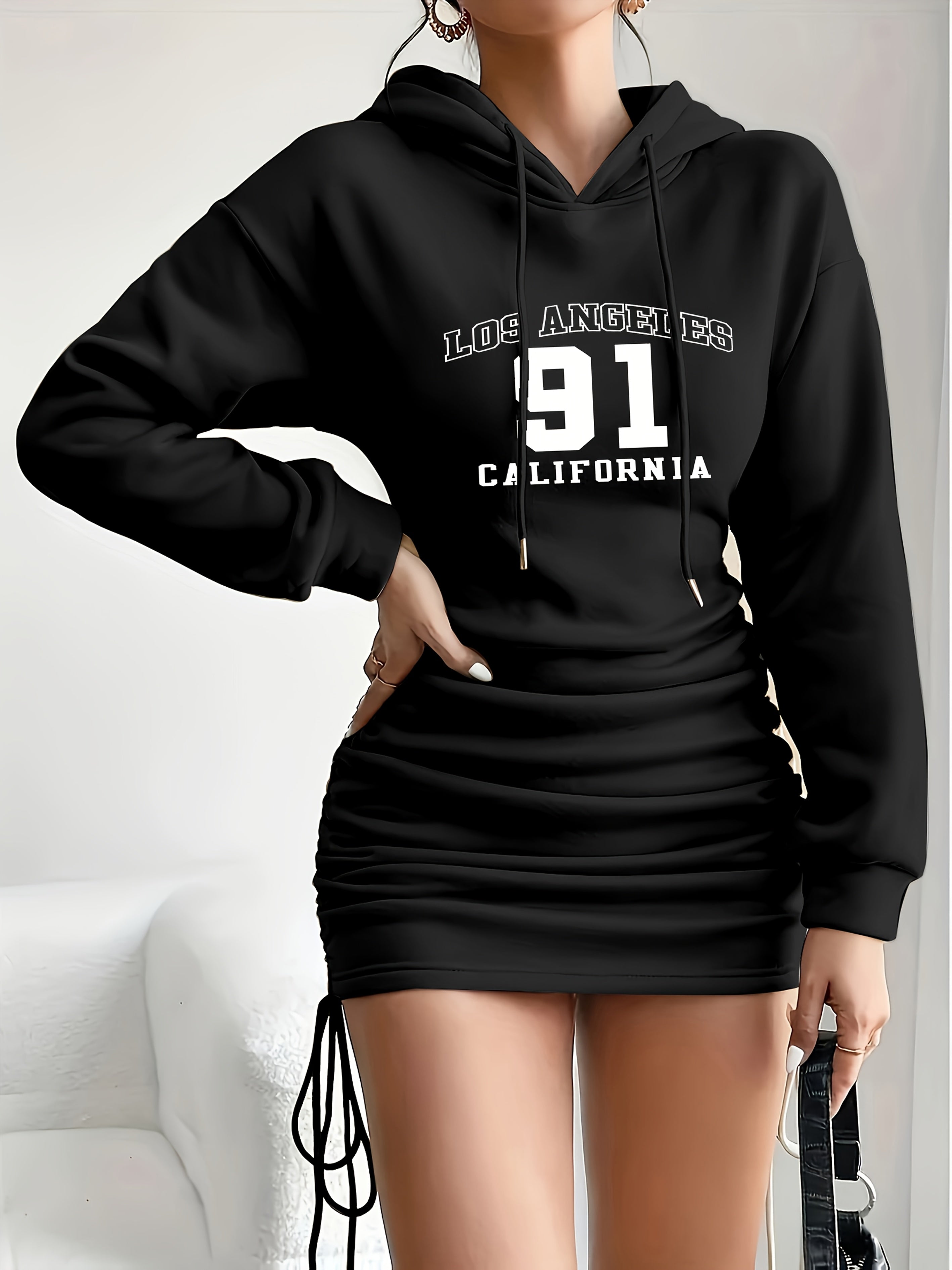 Palm Tree Letter Hooded Bodycon Dress - Drawstring Waist, Mid-Elastic Polyester, Casual Fall & Winter Wear, Alphabets Pattern, Positioning Printing, Knit Fabric - Womens Fashionable Clothing for Adults
