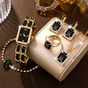 Elegant 6-Piece Watch Set for Women - Quartz Movement, Square Case, Zinc Alloy Band, Timer Function - Ideal Gift for Valentine's Day, Easter, Halloween, Ramadan, Birthdays, Christmas, Eid Al-Adha