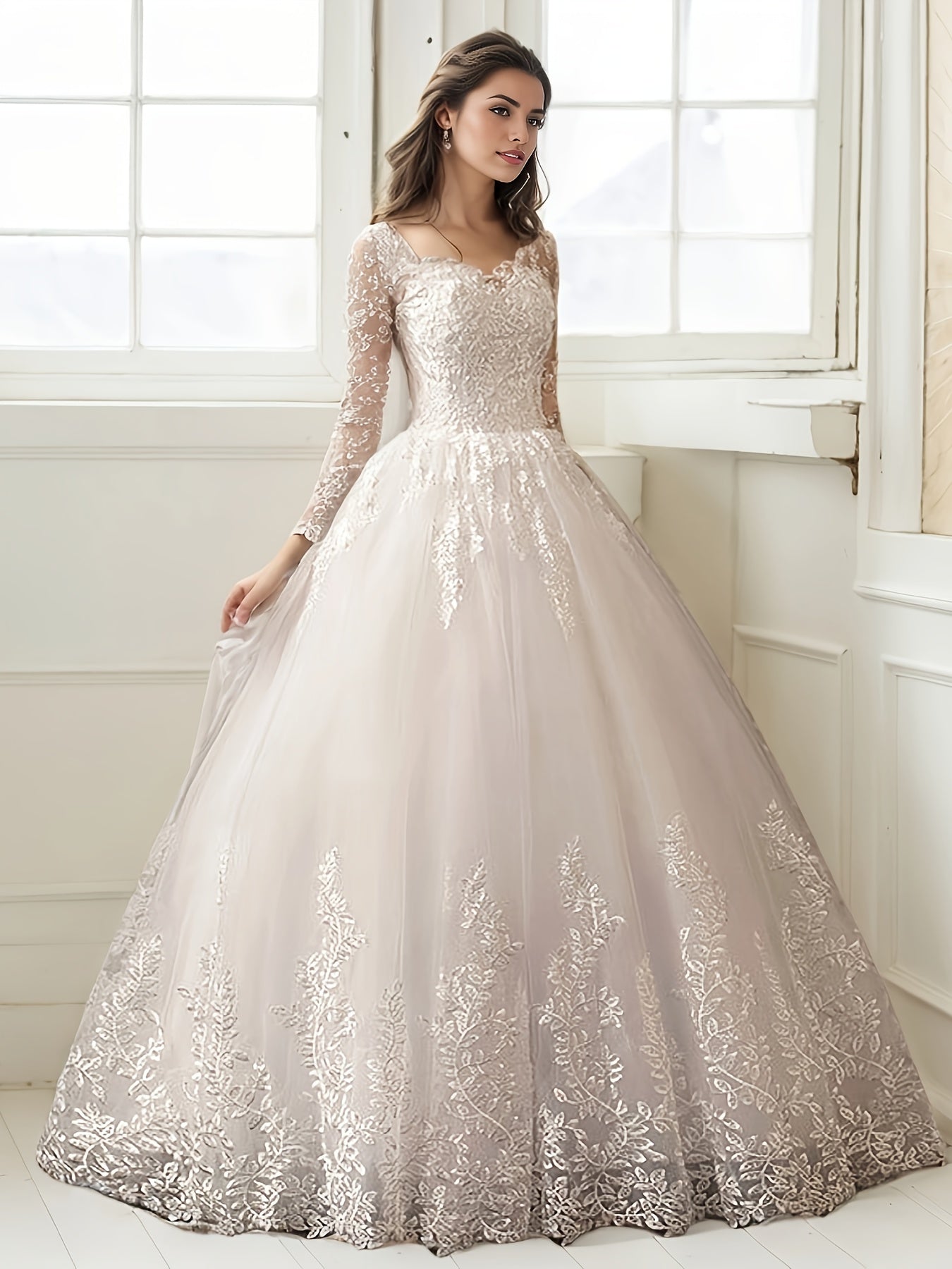 Elegant Off-Shoulder A-Line Wedding Dress with Lace Embroidery, Long Sleeve Floor-Length Bridal Gown for Women, Perfect for Weddings and Formal Events, Party Attire | Offshoulder Design | Glossy Texture