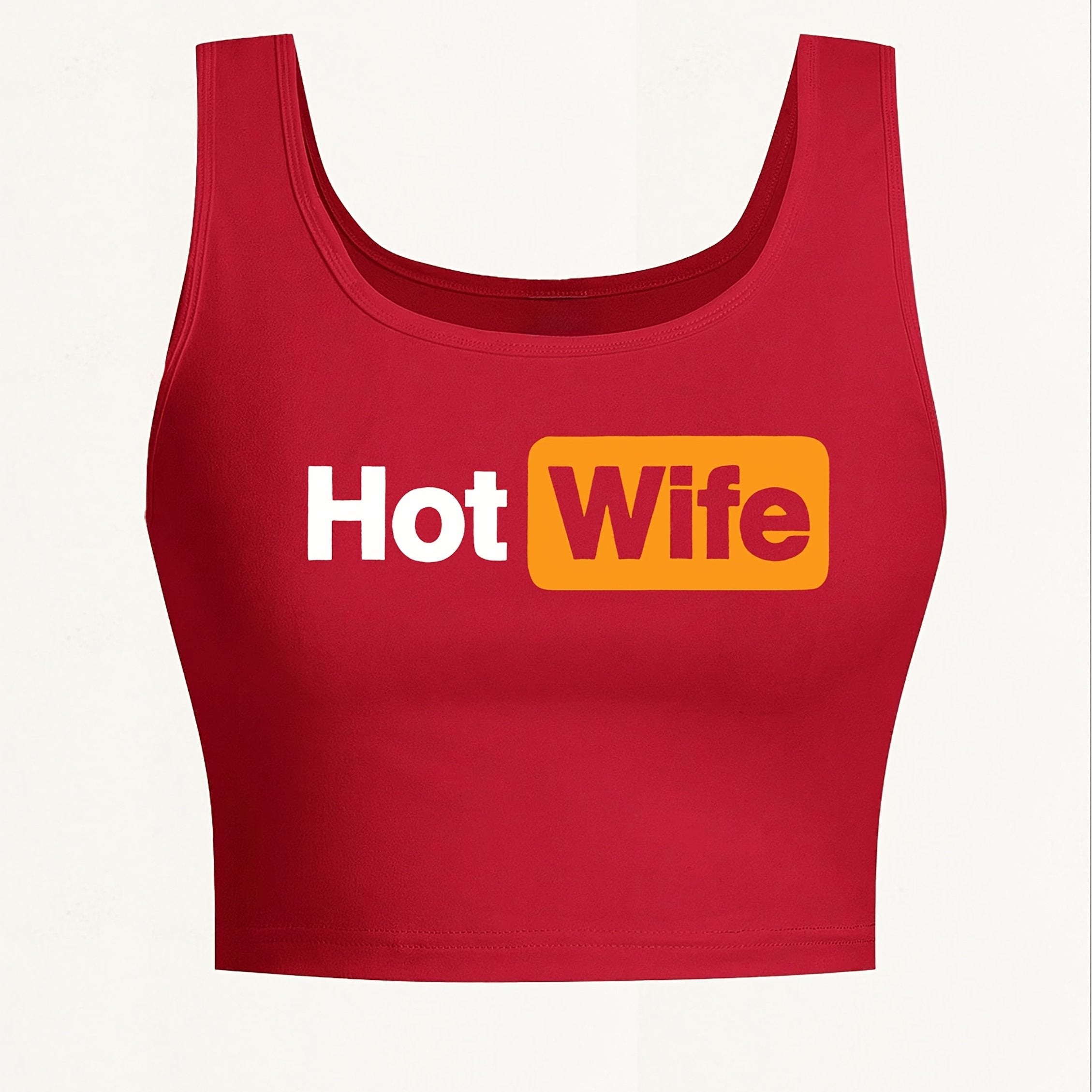 Women's "Hot Wife" Graphic Print Sleeveless Tank Top - Vibrant Red with Yellow Splash Design, Seamless Round Neck, Lightweight Breathable Fabric for Yoga & Casual Wear, Machine Washable Spring Summer Fall Top, Ladies Tank Top