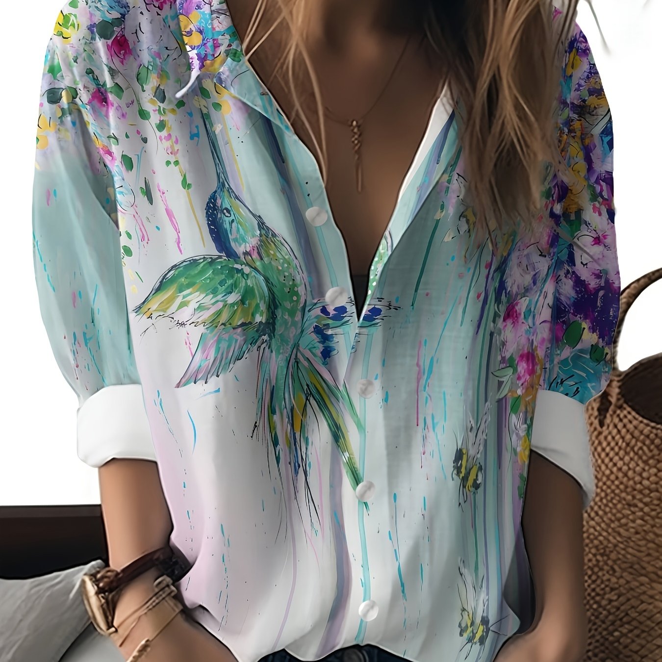 Women'S Long Sleeve Printed Blouse - Vibrant Hummingbird & Floral Design, Casual Lapel Collar, Lightweight Polyester Shirt for Spring/Fall, Ladies Blouses