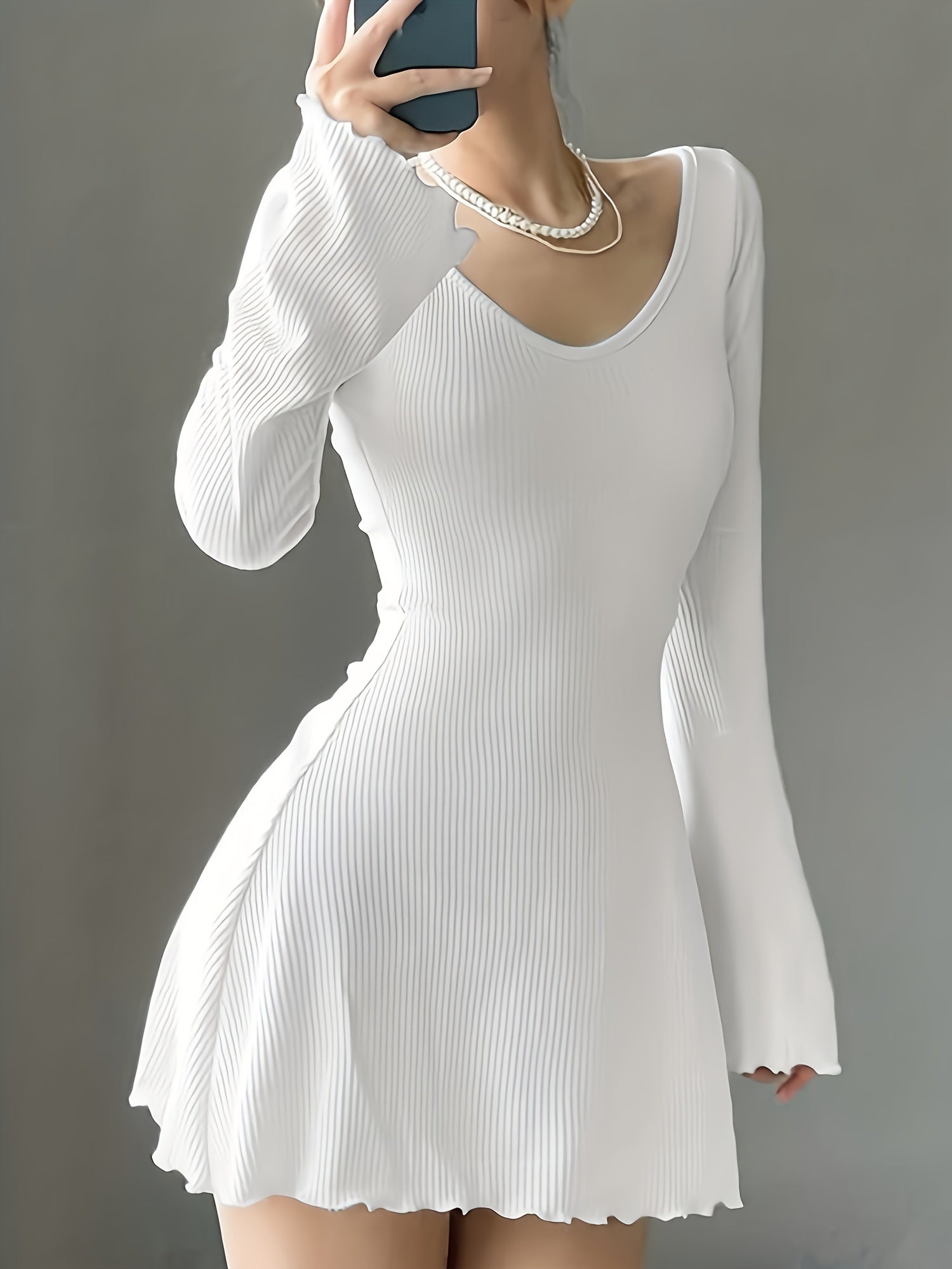 Elegant Long Sleeve V-Neck Bodycon Dress with Ruffled Hem Polyester Blend Solid Color Knit Fabric for Women - Fall Season Style