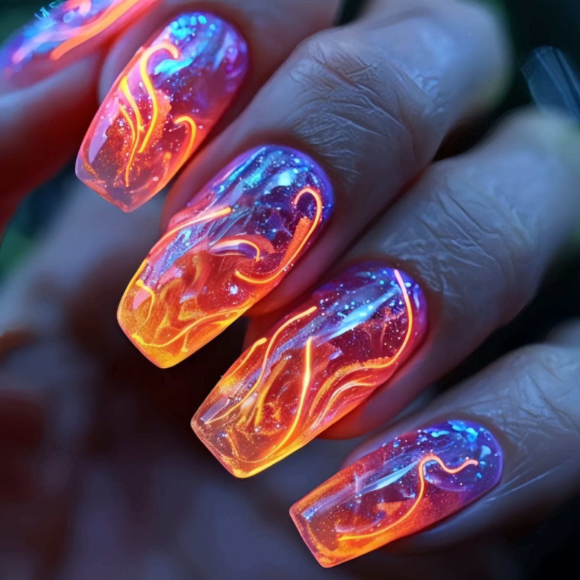 216pcs (9 PACK) Green Glitter Lightning Press-On Nails - Medium Length, Ballet Shape, Removable Fake Nails with Stripe Desian for Hands