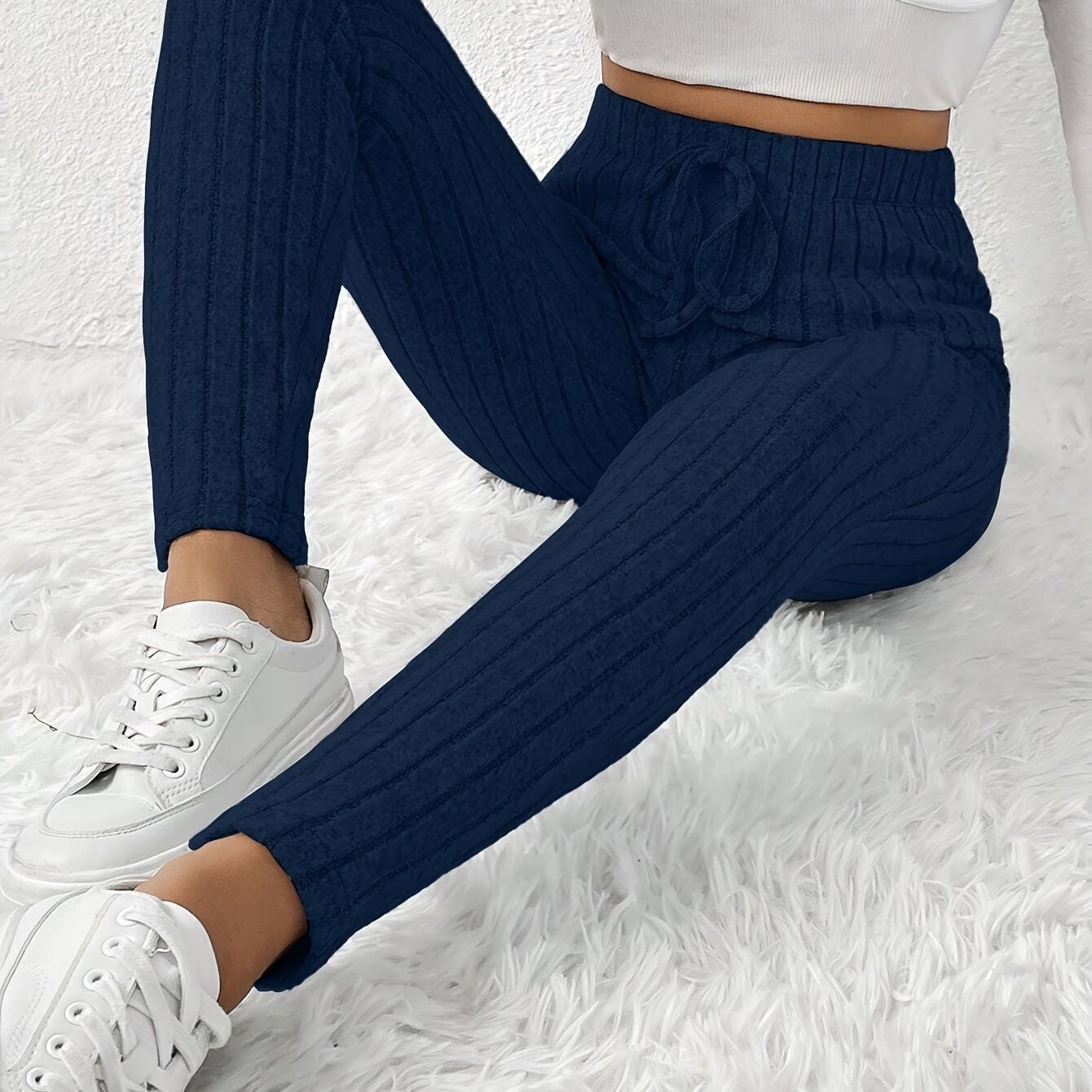Elegant High-Waist Ribbed Knit Pants for Women - Cozy & Chic Brown Slim-Fit Trousers with Elastic Waistband, Perfect for Fall/Winter Casual Wear