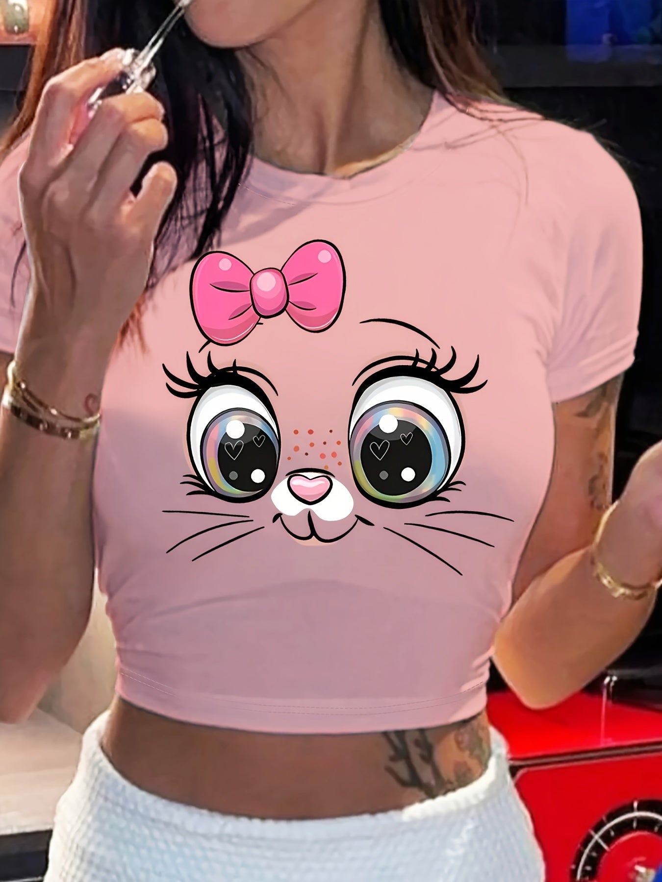 Cartoon Rabbit Graphic Print Cropped Top T-Shirt - Y2K Round Neck Fitted Cropped T-Shirt Made of a Polyester And Spandex Blend (95% Polyester, 5% Spandex) for Spring And Summer.