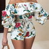 Floral Print Off Shoulder Romper Jumpsuit, Elegant Backless Tie Waist Ruffle Trim Skinny Romper Jumpsuit, Women's Clothing
