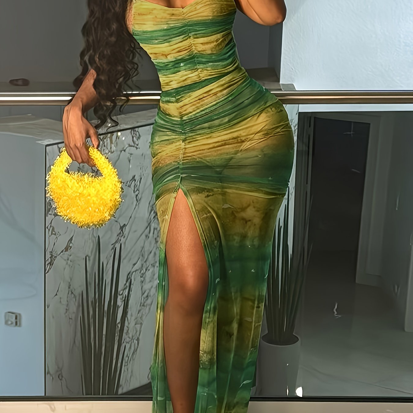 Backless Ruched High Slit Cami Dress - Sexy Slinky Sleeveless Maxi Dress - Polyester - For Spring & Summer - Women's Clothing - Perfect for Parties & Casual Occasions