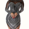 Rhinestone Semi-Sheer Dress, Sexy High Neck Long Sleeve Bodycon Party Dress, Women's Clothing