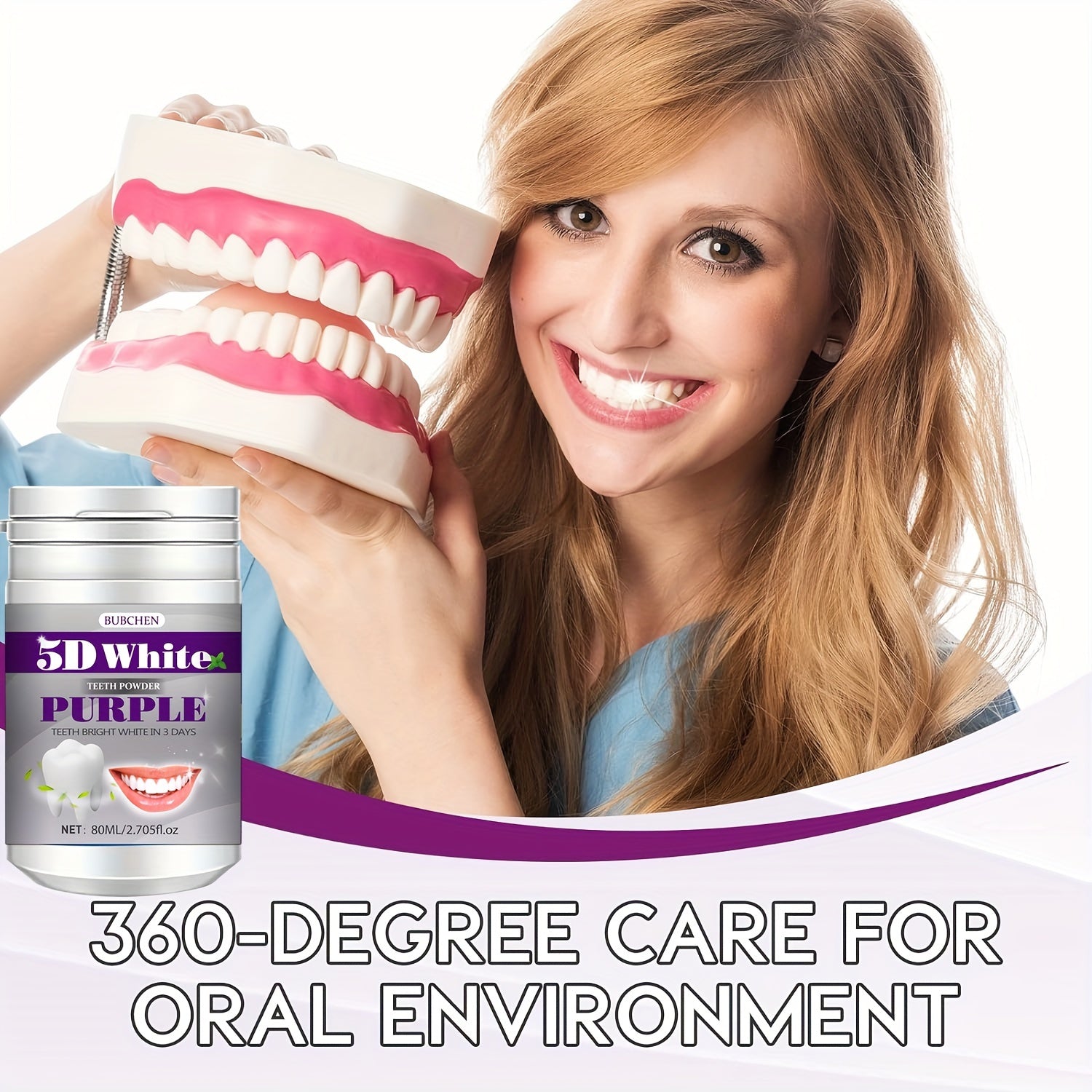 Bubchen Purple Teeth Whitening Powder, 2.71oz - Hypoallergenic, No Power Needed, Daily & Travel-Friendly Oral Hygiene Freshener for Brighter Smile in 7 Days, Essential Personal Care, BUBCHEN