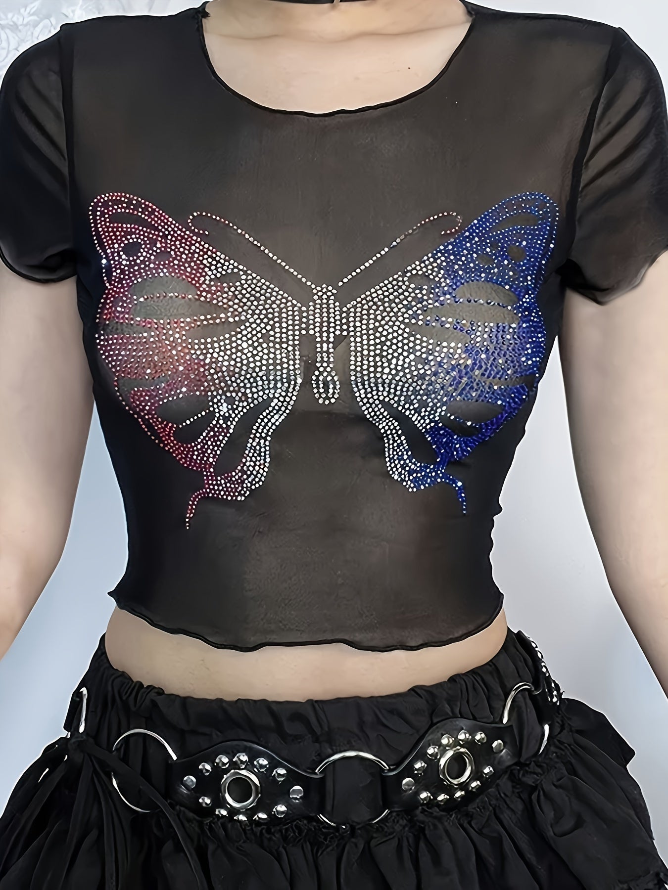 Fashion Butterfly Rhinestone Sexy Sheer Belly Button Short Women's T-Shirt with Round Neck Mesh Top and Wooden Ears, No Underwear Included