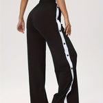 High Waist Button Side Stripe Track Pants - Polyester Spandex Blend, Sports Style, High Stretch Knit Fabric, Solid Color, Loose Fit, Long Length Yoga Pants for Fitness Running - For Women & Men - All Season Suitable - Perfect