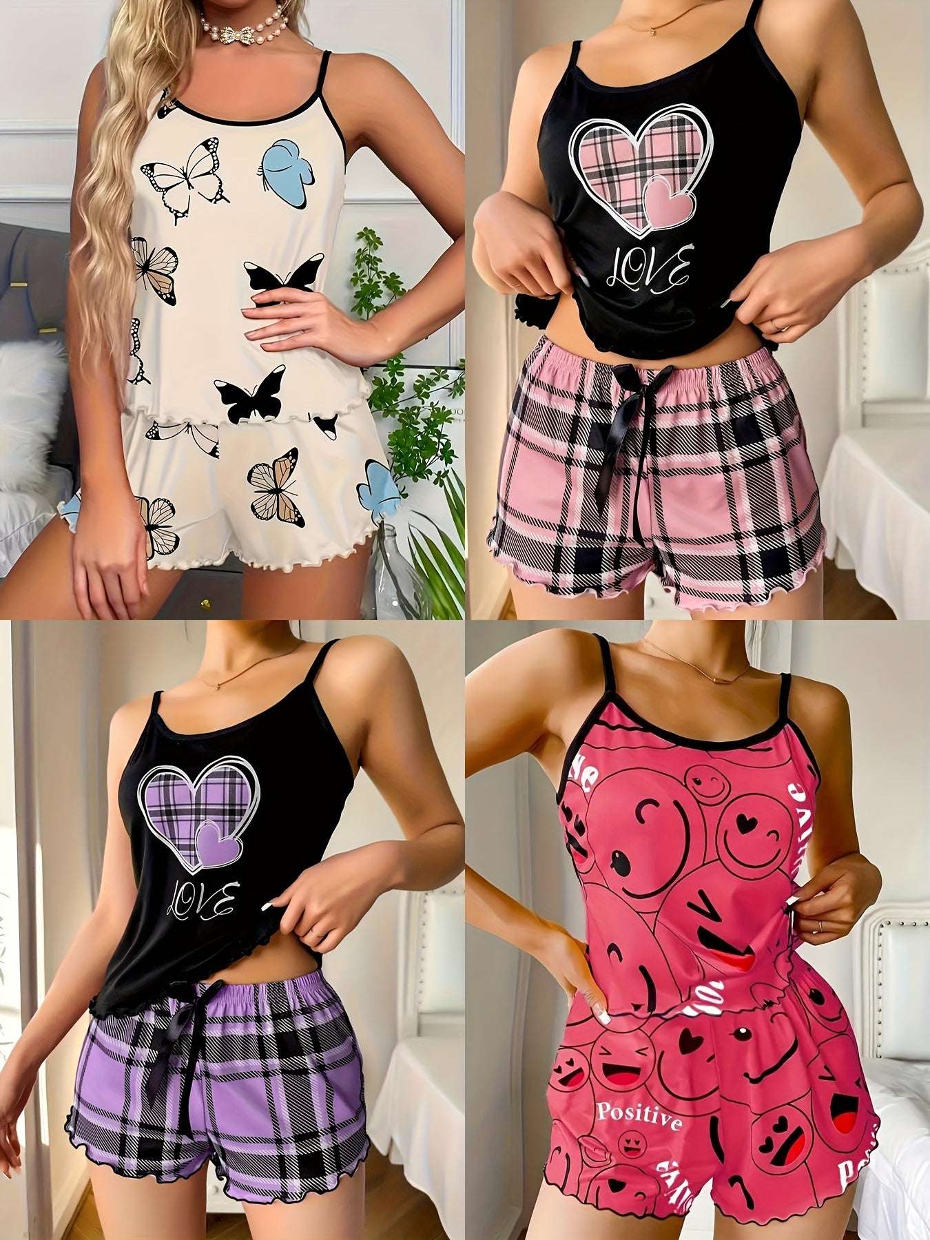 4 Sets Women's Heart & Butterfly & Smiling Face Print Frill Trim Casual Pajama Set, Round Neck Backless Cami Top & Shorts, Comfortable Relaxed Fit