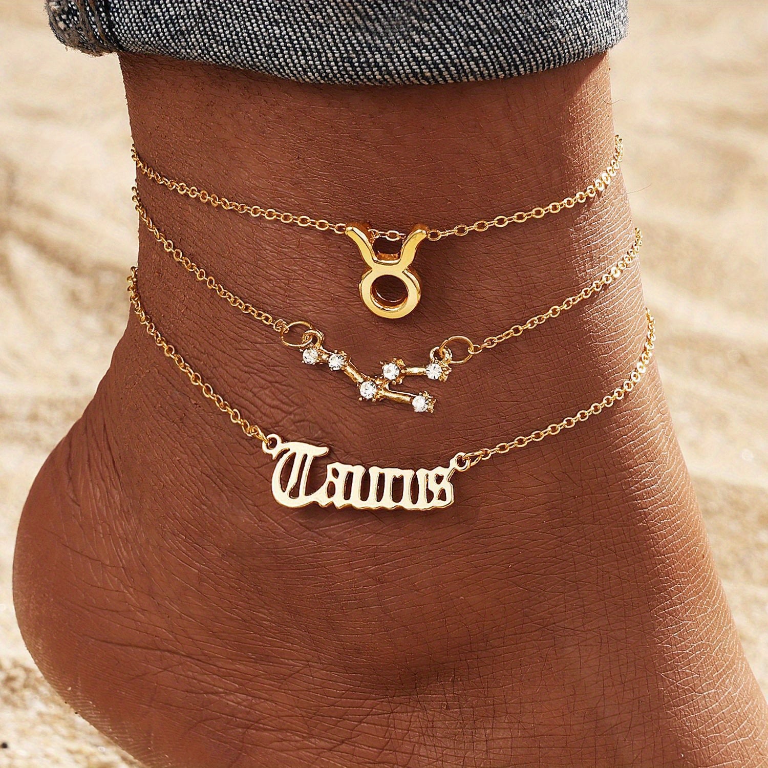 Alloy Inlaid Rhinestone Women'S Zodiac Ankle Chain, Spring And Summer, 3pcs of Beach Barefoot Accessories, Suitable for Vacations, Parties, Dates, Music Festivals