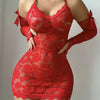 Women'S Sexy Red Lace Dress with Rose Floral Pattern - Off-Shoulder, Long Sleeves, Thong Panties Set for Adult, Adult Date Night Attire|Elegant Lace Dress|Thong Panties, Lace Dress