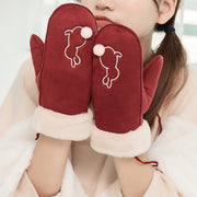 Plush Cuff Mittens Cute Cartoon Embroidered Gloves Winter Thick Warm Hanging Neck Gloves For Women