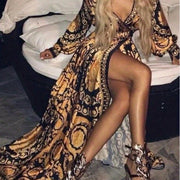 Women Bohemia Dress Long Sleeve Deep V-Neck High Split Long Dress Dress Beach Vacation Sundress