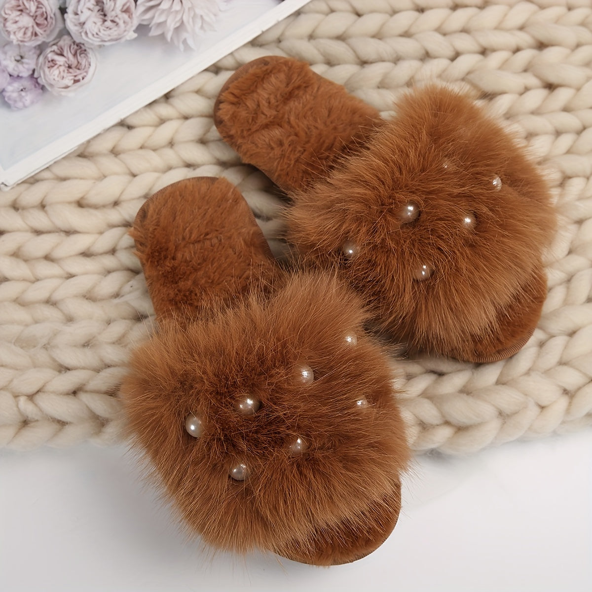Fuzzy Faux Pearl Home Slippers, Soft Sole Plush Lined Indoor Shoes, Non-slip Floor Mute Slippers, Winter & Autumn