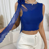 Elegant Women's Blue Lace Trim Sleeveless Crop Top with Floral Appliqué and Scarf Detail - Polyester Blend, Hand Washable