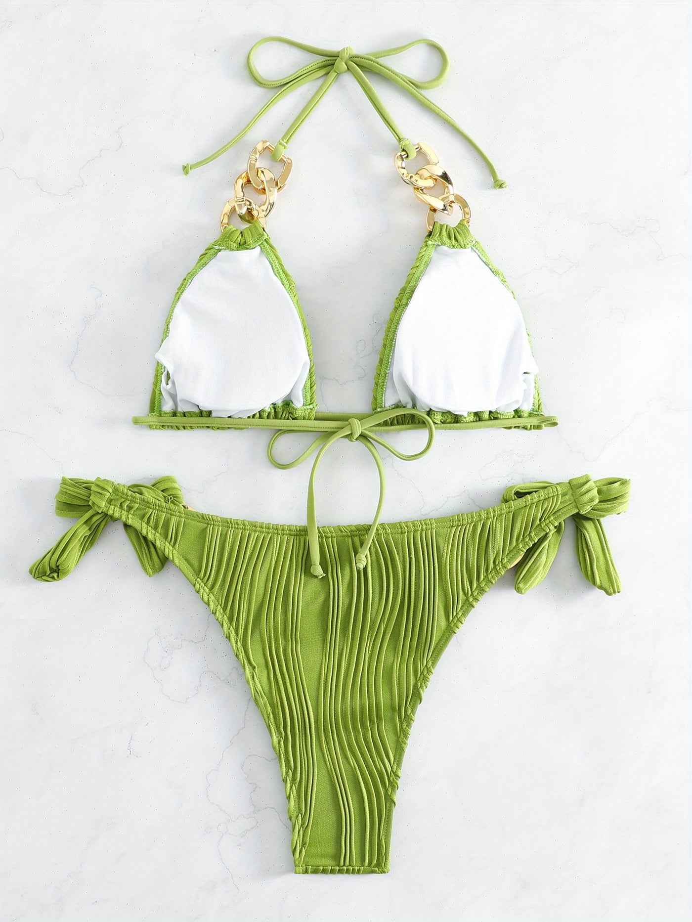 Stripes Ruched Texture Golden Chain Ring Link Halter 2 Piece Set Bikini, Bow Tie Side Triangle Halter Tie Neck Stretchy Swimsuit For Beach Pool Bathing, Women's Swimwear & Clothing