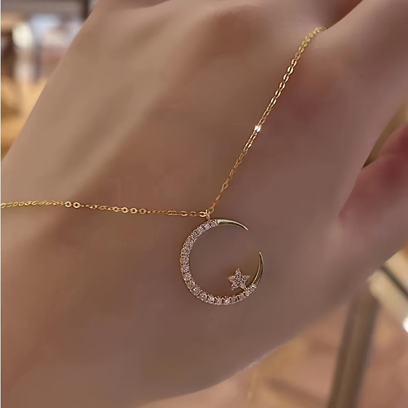 Elegant Minimalist Crescent Moon & Star Pendant Necklace - Sparkling Clavicle Chain Jewelry for Women, Versatile Dainty Design for Daily Wear, Music Festivals & Valentine’s Day Gifts, Valentine's Gift | Cute Clavicle Chain