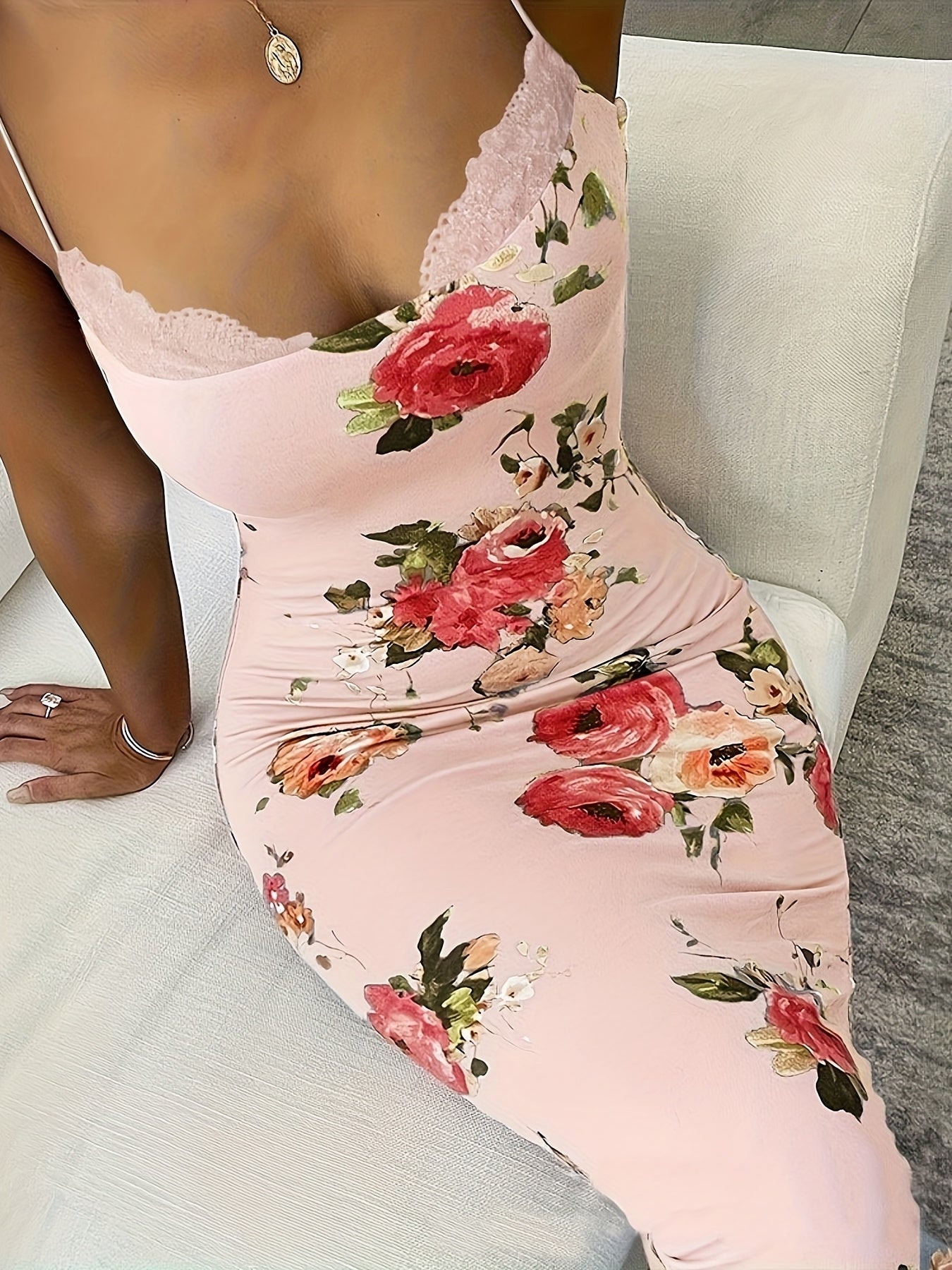Print Lace-Trim Cami Midi Dress - Sleeveless, Stretch Fit, Summer Women’s Fashion in Green with Vibrant Pink & Peach Flowers