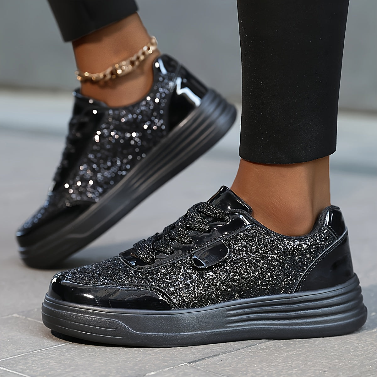 Women'S Glittery Sequin Sneakers - Golden & White Low-Top Lace-Up Casual Skate Shoes with MD Sole, Fabric Insole, and Synthetic Upper for All Season