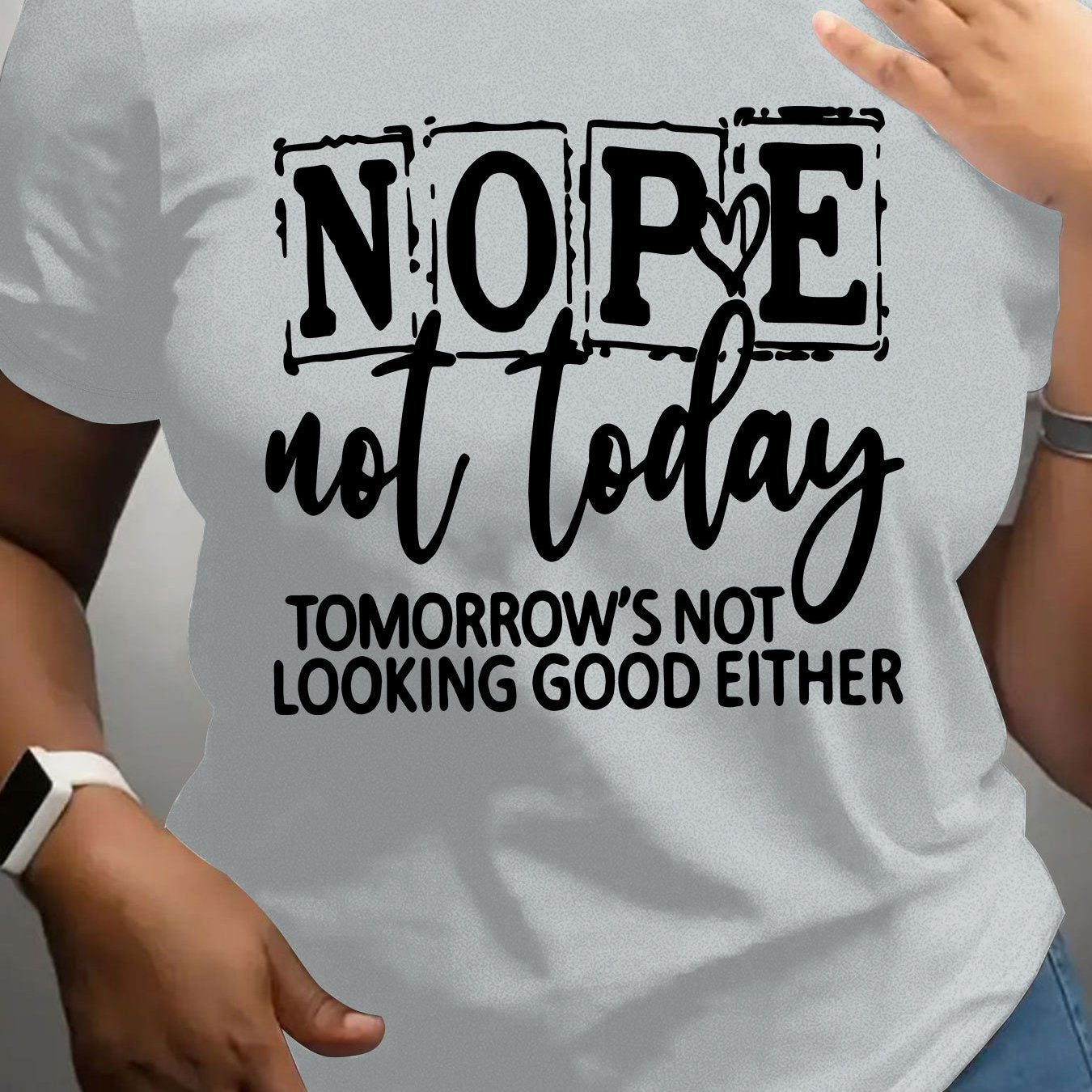 Women'S Casual NOPE Letter Print T-Shirt, 100% Polyester Knit Fabric, Crew Neck, Short Sleeve, Regular Length, Alphabet Pattern, All-Season Top