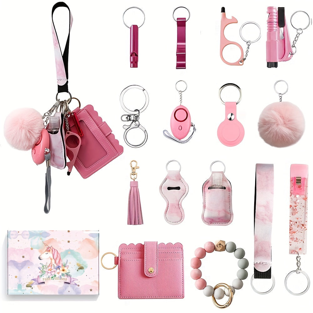 17pcs Women'S Safety Keychain Set with Personal Alarm, Friendship Love Theme, Oblong Shape, Snap Hook Closure, Floating Feature, Button Battery Included, Ideal Holiday Gift