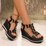Butterfly Pearl Wedge Sandals – Glam Slip-On Open-Toe Platform Heels with PU Upper, Elegant Thick Heel Design for Summer & Special Occasions