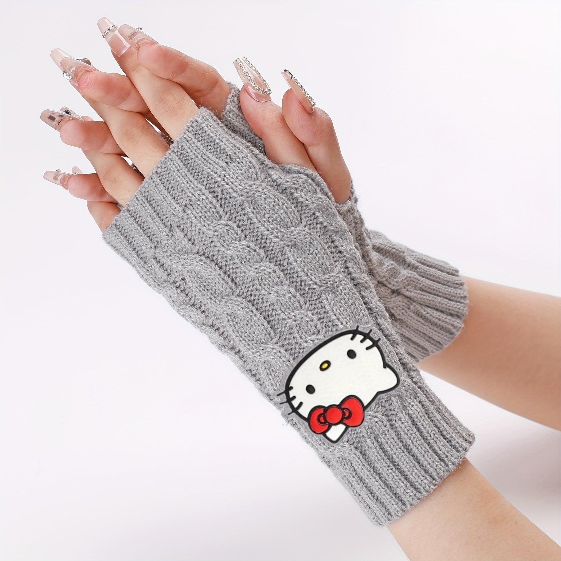 1pc of Sanrio Hello Kitty Cartoon Fashion Pvc Soft Rubber Big Head Decoration Autumn And Winter Leisure Knitting Open Finger Cuff Linen Pattern Short Gloves for Women to Work Cycling Interlocking Warm Wrist Gloves for Women C