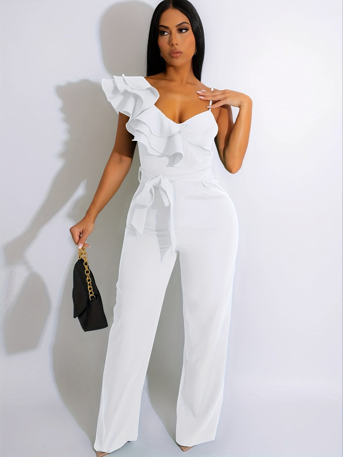 Womens Casual One Piece Jumpsuits V-Neck Sleeveless Ruffle Elegant Romper Wide Leg Pant Sexy Party Clubwear Overalls