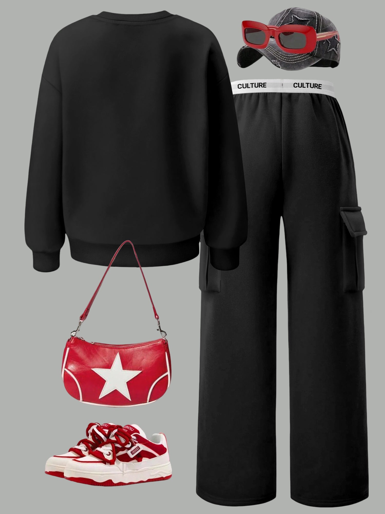 Women's Brooklyn New York Letter Print Sweatshirt Set - Casual Gray Long Sleeve Crewneck & Black Cargo Pants with Pockets, Polyester Blend, Perfect for Fall/Winter