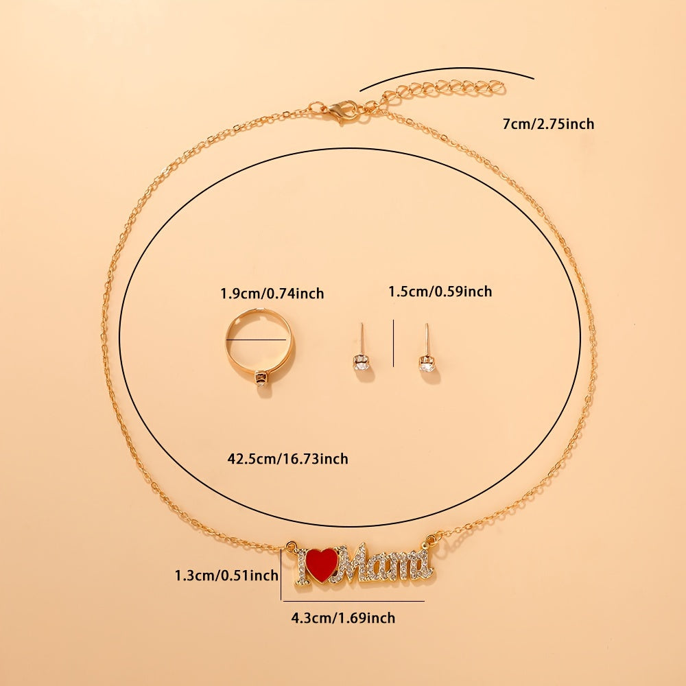 4pcs Bohemian style Women's jewelry set - "I Love Mom" pendant necklace, earrings, and ring combination, perfect for Mother's Day gifts, parties, Teacher's Day/ back to school/ graduation