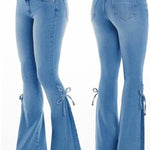 Women's High Waist Tie-Up Flared Jeans - Slim Fit, Casual Streetwear Denim with Bell Bottoms and Stretch Fabric, Machine Washable