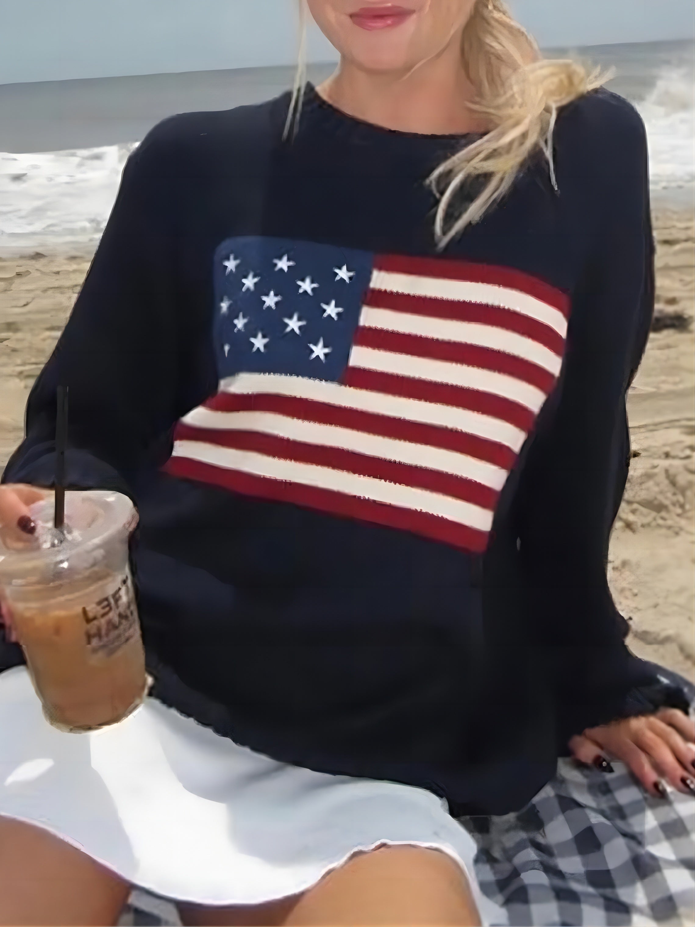 American Flag Pattern Pullover Sweater, Casual Crew Neck Long Sleeve Loose Sweater, Women's Clothing