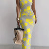 Elegant Floral Print Bodycon Maxi Dress, Polyester Knit Fabric, Crew Neck Sleeveless Long Dress for Women, All-Season, Halter Dress