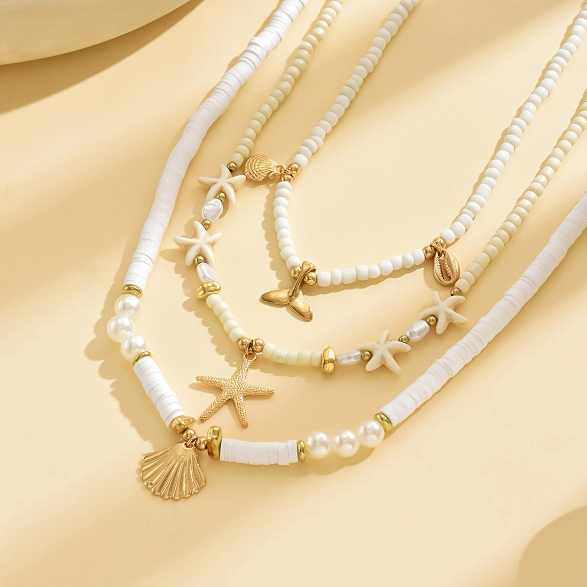 3pcs/set Bohemian Scallop Starfish Fish Tail Imitation Pearl Soft Clay Rice Bead Stacked Necklace Suitable for Women's Daily Matching in Autumn and Winter